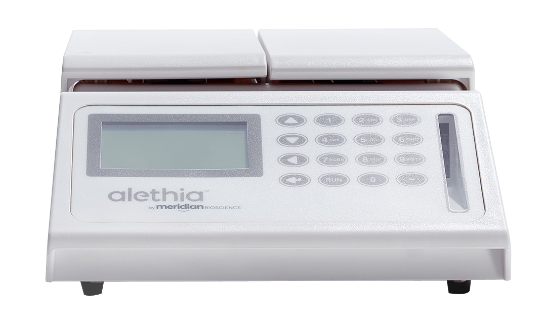 Aletheia by Meridian Bioscience countertop clinical analyzer with LCD display, keypad, and sample slot areas