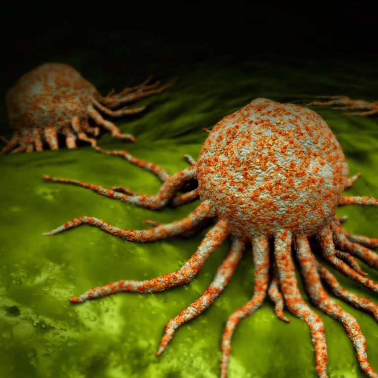 Rust-colored spherical organism with many writhing tentacle-like appendages on a bright green surface, set against a dark background (artistic render).