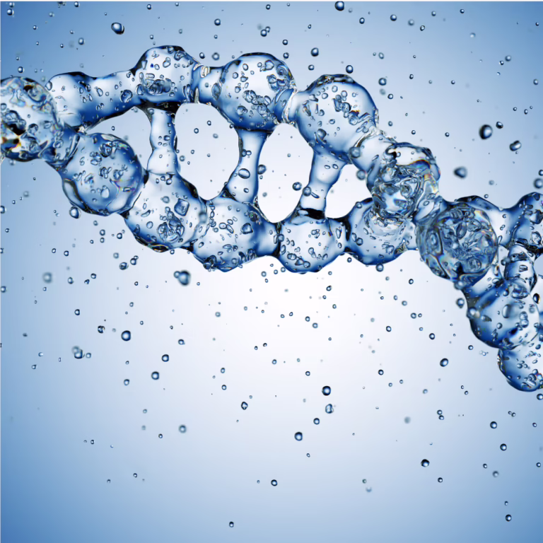 Close-up of a blue, bubble-like molecular chain in liquid with scattered droplets on a light gradient background?