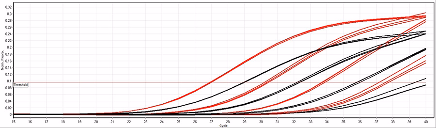 Line chart of multiple fitness curves (red and black) rising over cycles 15 to 40, with a horizontal threshold line at ~0.08 and the x-axis labeled 'Cycle'.