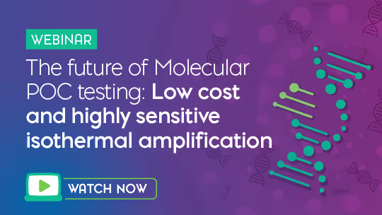 Webinar banner about molecular POC testing with DNA-helix artwork and a Watch Now button.