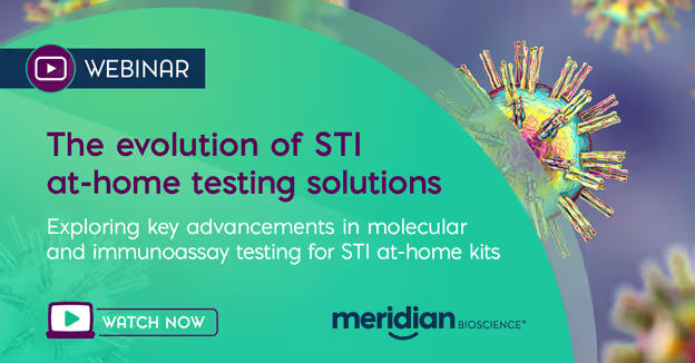 Promotional webinar banner: 'The evolution of STI at-home testing solutions' on a teal/green curved background, with Meridian Bioscience logo and a 'Watch Now' button.