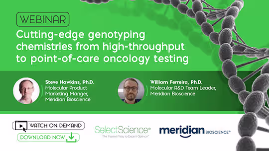 Webinar banner titled 'Cutting-edge genotyping chemistries' with speakers Steve Hawkins and William Ferreira; includes On‑Demand/Download options and Meridian Bioscience logo.