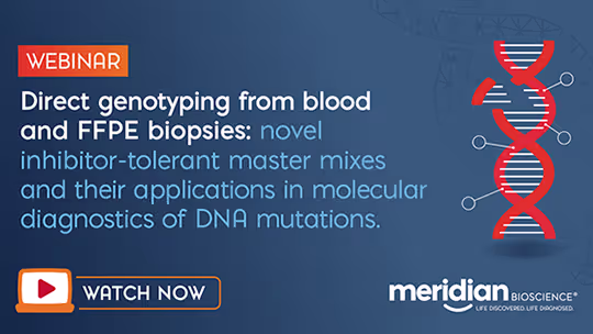 Blue webinar banner advertising 'Direct genotyping from blood and FFPE biopsies' with a red DNA double helix graphic, a 'Watch Now' button, and the Meridian Bioscience logo.