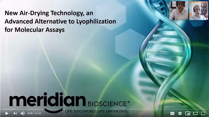 Slide with the title 'New Air-Drying Technology, an Advanced Alternative to Lyophilization for Molecular Assays' and the Meridian Bioscience logo on a blue abstract background.