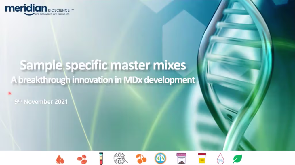 Meridian Bioscience slide titled 'Sample specific master mixes' about MDx development, featuring a DNA helix graphic and date (Nov 9, 2021).