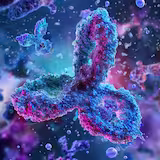 Close-up, 3D-rendered image of a blue and purple chromosome-like structure with a ribbon shape and surrounding particles, on a dark background.