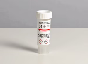 Small white specimen vial with screw cap and label reading 'Para-Pak Clean Vial' for transporting clinical samples.