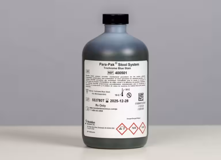 Gray bottle with black cap labeled Para-Pak Stool System Trichrome Blue Stain, REF 400501, showing hazard diamonds at the bottom of the label.