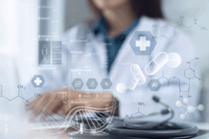 Doctor analyzing holographic medical data with a stethoscope, illustrating medical technology.
