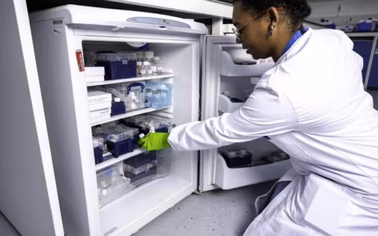Lab technician in a white coat and green gloves organizing samples inside a laboratory freezer.