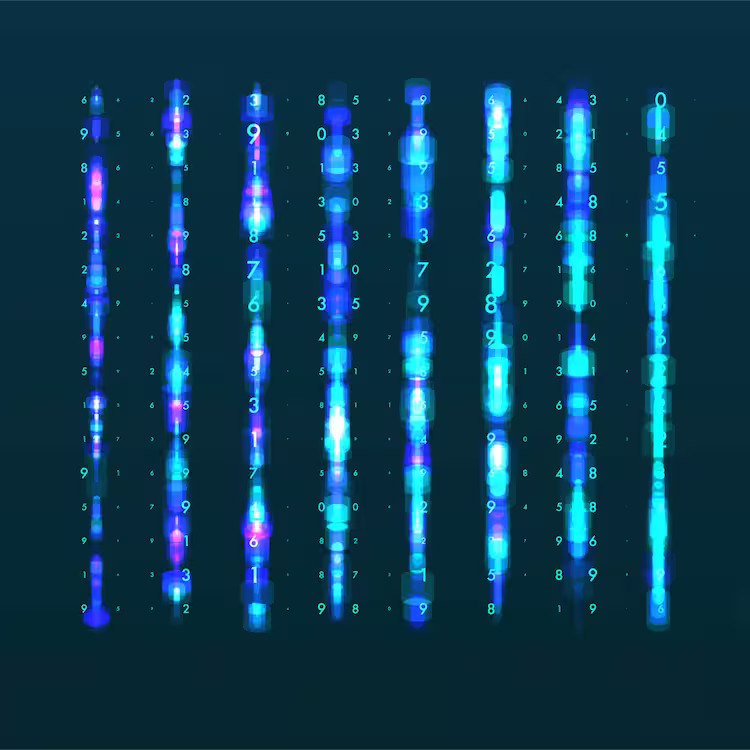 Abstract visualization of vertical glowing blue data streams with scattered digits on a dark teal background.