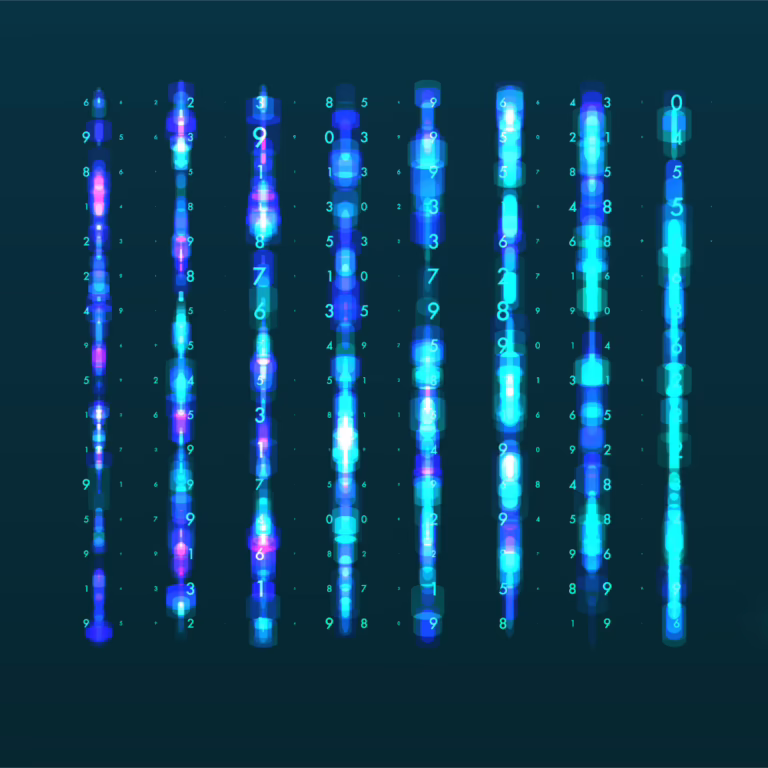 Abstract digital artwork with vertical streams of glowing blue digits and hexagonal nodes against a dark teal background, conveying data flow and tech ambiance.