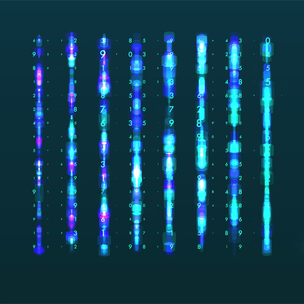 Abstract digital artwork with vertical streams of glowing blue digits and hexagonal nodes against a dark teal background, conveying data flow and tech ambiance.