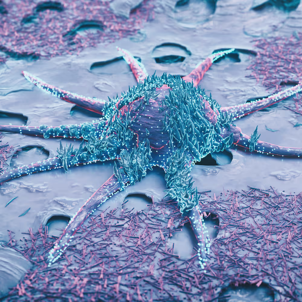 Blue and pink neon-spiked alien creature with many legs on a textured rocky surface