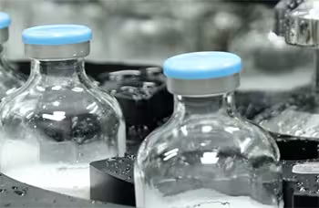 Glass vials with blue caps on a bottling conveyor in a manufacturing line dévoilant a packaging process
