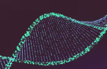 Stylized glowing DNA double helix made of turquoise and blue particles against a dark purple background.