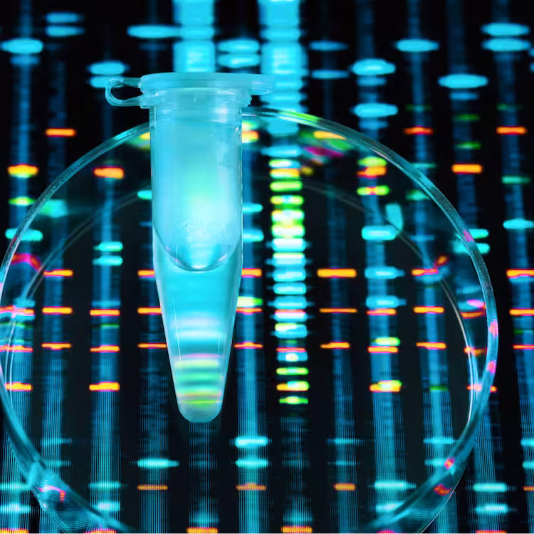 Laboratory pipette suspended inside a circular glass ring with a blue glow and neon, data-like streaks in the background.