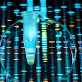 Blue syringe silhouette overlaid with neon data streams and a glowing circular aura, suggesting biotech and vaccination data.