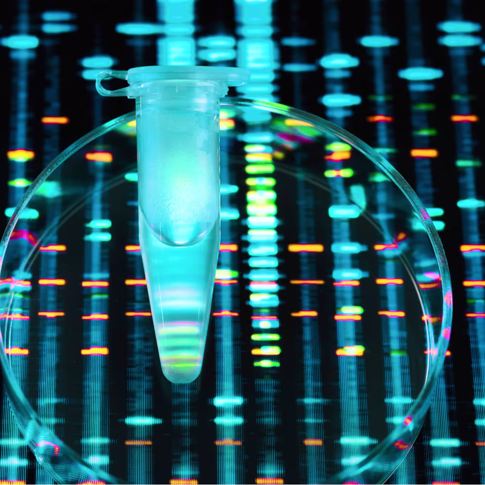 Conical centrifuge tube inside a circular ring, glowing cyan against a neon, data-inspired background.