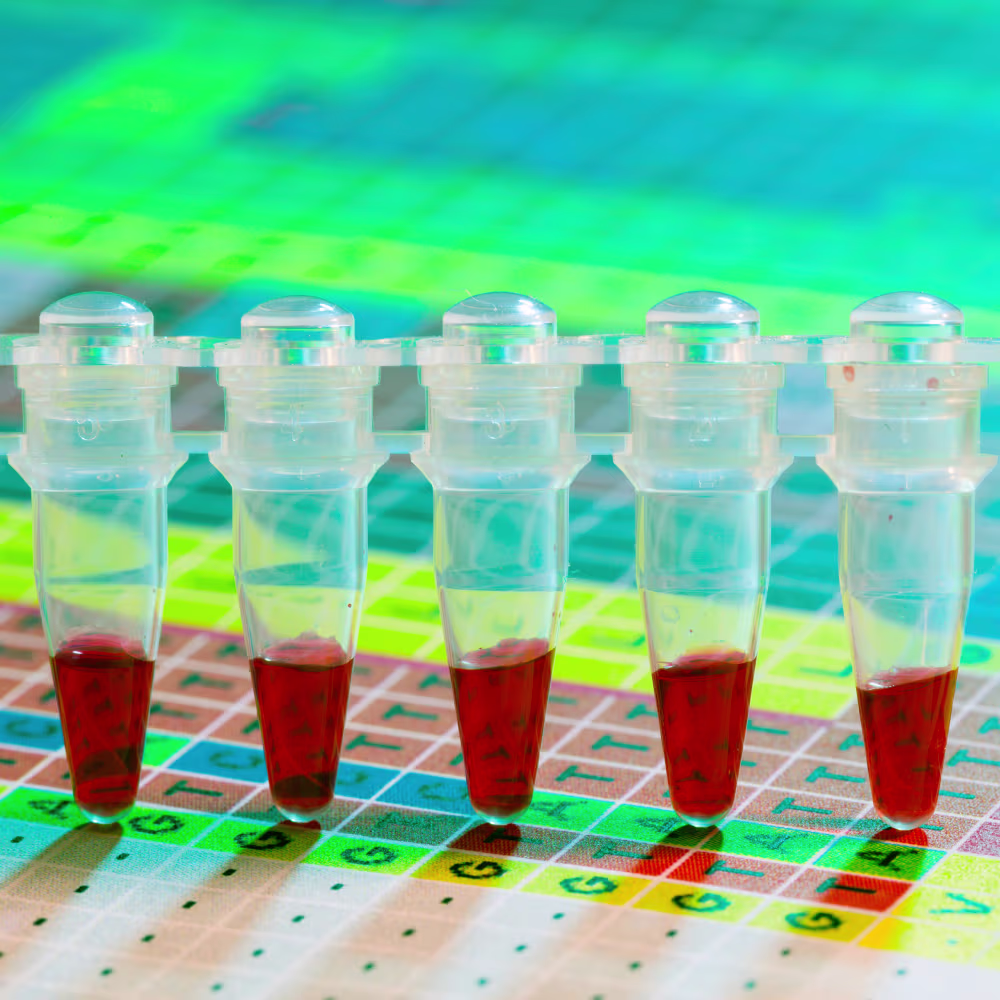 Row of capped test tubes with red liquid in a lab rack over a colorful grid chart
