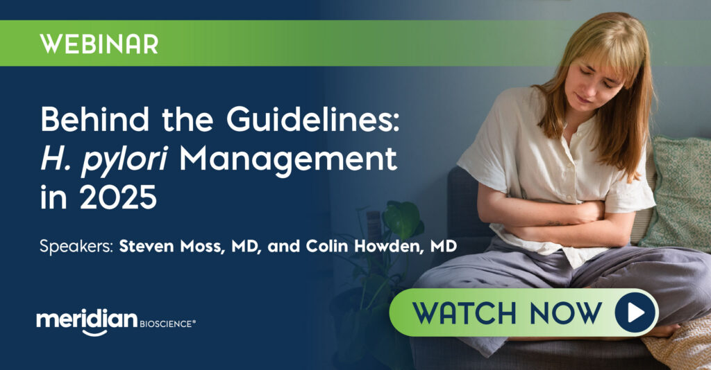 Webinar banner: dark blue layout with a green top strip and a woman sitting on a sofa on the right, advertising 'Behind the Guidelines: H. pylori Management in 2025' with speaker names and a 'Watch Now' CTA.