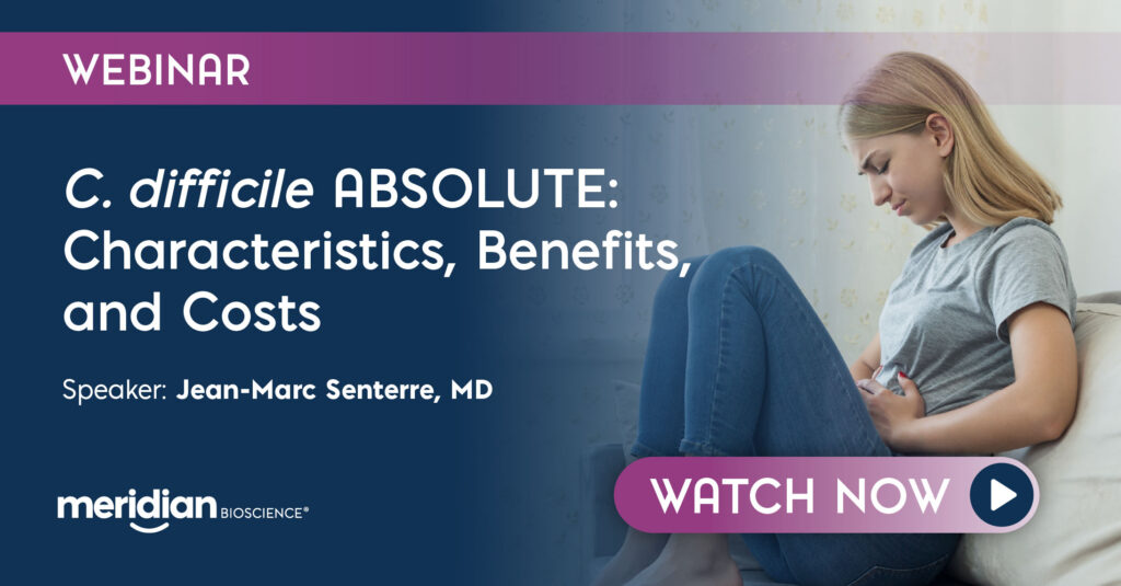 Webinar banner promoting 'C. difficile ABSOLUTE: Characteristics, Benefits, and Costs' with a seated woman on the right and a 'Watch Now' CTA.