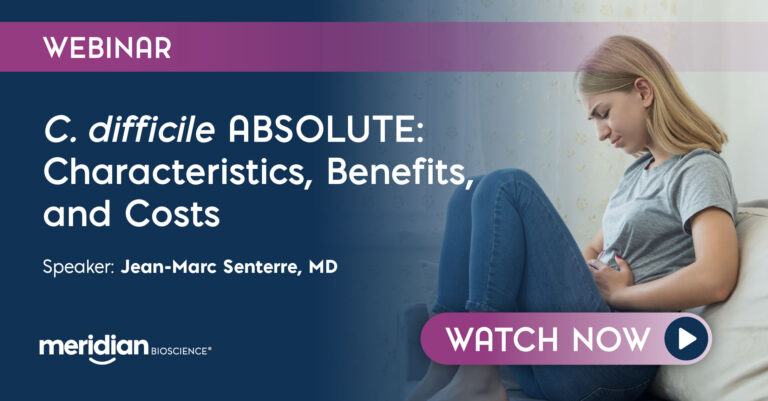 Webinar banner promoting 'C. difficile ABSOLUTE: Characteristics, Benefits, and Costs' with a seated woman on the right and a 'Watch Now' CTA.