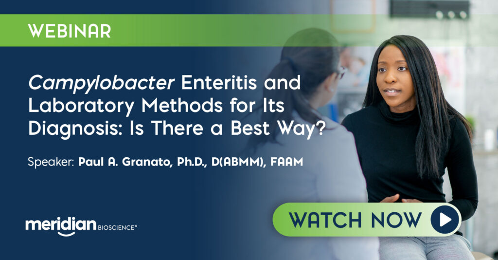 Webinar promo banner for Campylobacter Enteritis with speaker Paul A. Granato; includes a 'Watch Now' button.