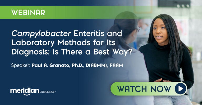 Webinar promo banner for Campylobacter Enteritis with speaker Paul A. Granato; includes a 'Watch Now' button.