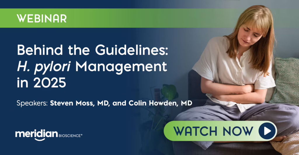 Webinar banner: dark blue layout with a green top strip and a woman sitting on a sofa on the right, advertising 'Behind the Guidelines: H. pylori Management in 2025' with speaker names and a 'Watch Now' CTA.