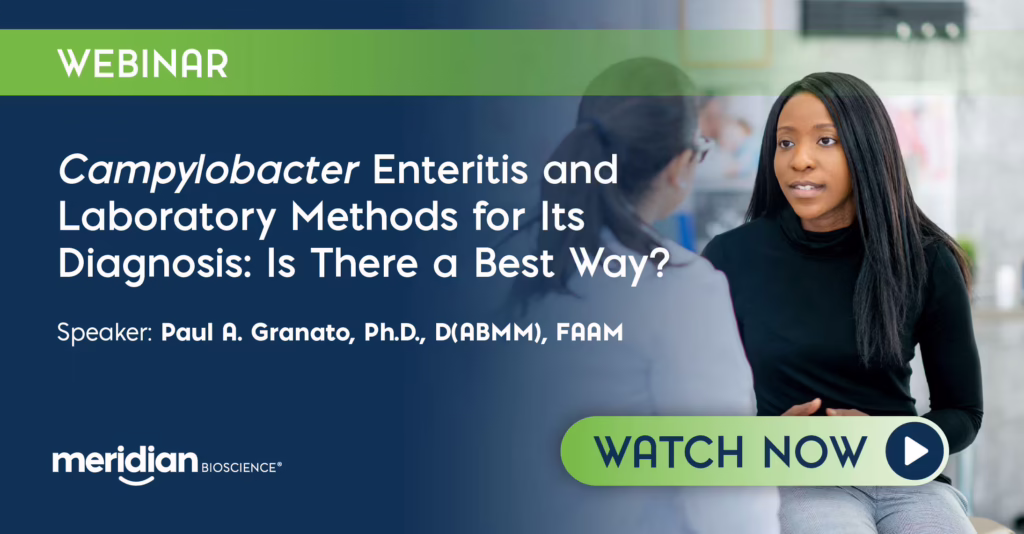 Webinar promo banner for Campylobacter Enteritis with speaker Paul A. Granato; includes a 'Watch Now' button.