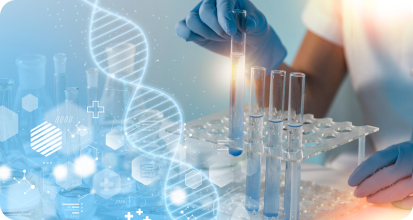Scientist pipetting liquid into test tubes in a lab with a glowing DNA helix overlay nearby.