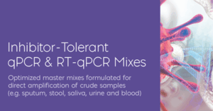 Promotional banner for inhibitor-tolerant qPCR and RT-qPCR mixes with a purple left panel and product imagery on the right.