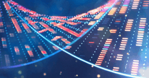 Abstract neon light trails and data ribbons in blue and pink, suggesting a futuristic digital network or data visualization.