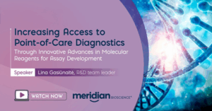 Banner for a talk titled 'Increasing Access to Point-of-Care Diagnostics' by Lina Gasniute, with Meridian Science branding and a 'Watch Now' button icon.