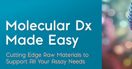 Blue left panel banner reading 'Molecular Dx Made Easy' with subtitle 'Cutting Edge Raw Materials to Support All Your Assay Needs'; colorful blurred background on the right.