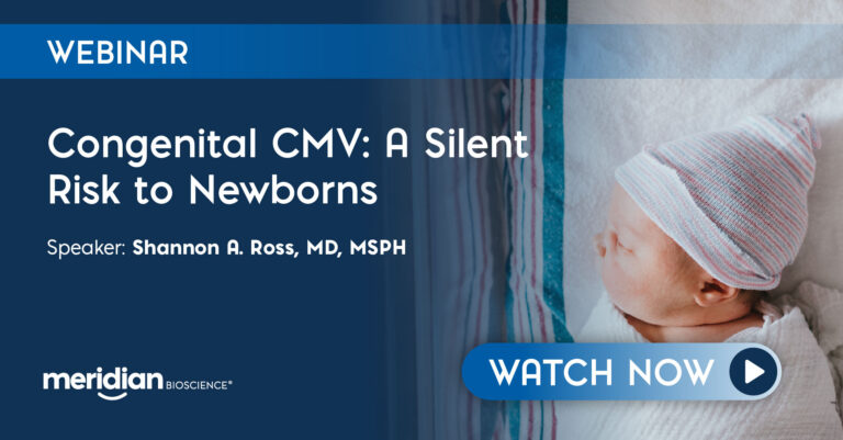Webinar banner: 'Congenital CMV: A Silent Risk to Newborns' with speaker Shannon A. Ross, MD, MSPH; sleeping newborn on the right.