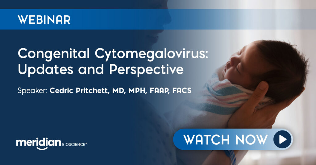 Webinar banner: baby being held, bold white title 'Congenital Cytomegalovirus: Updates and Perspective' with a 'Watch Now' CTA on a blue design.