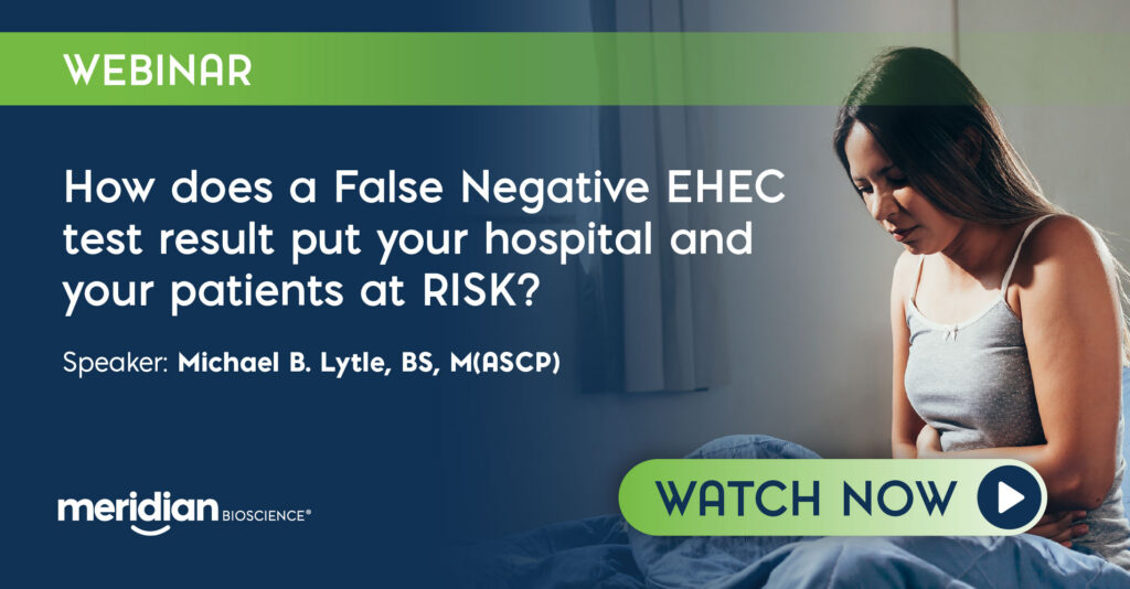Webinar banner: 'How does a False Negative EHEC test result...' with speaker Michael B. Lytle; includes Watch Now CTA.
