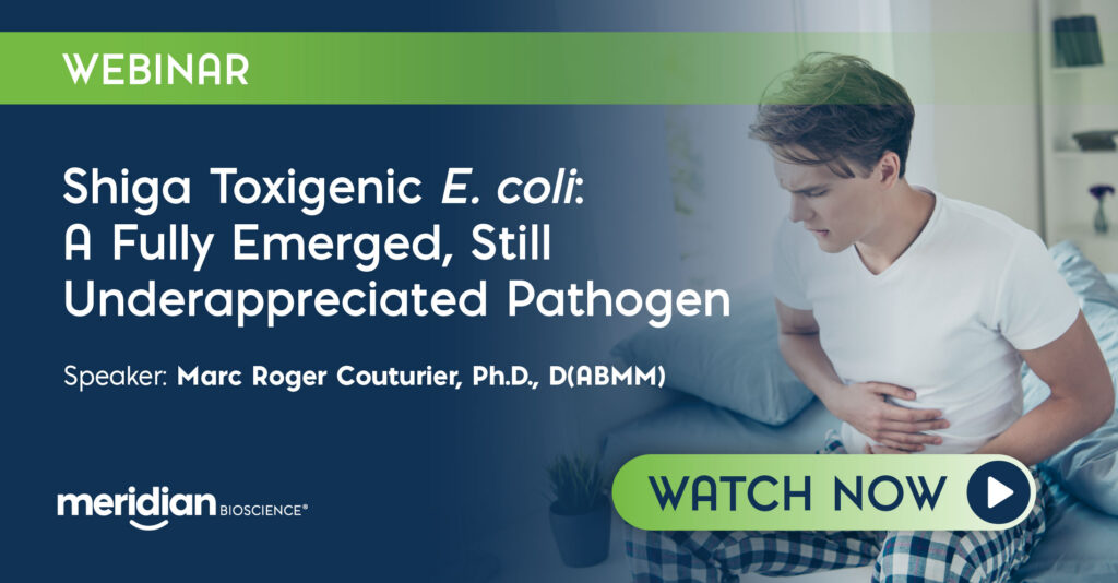 Webinar banner promoting Shiga Toxigenic E. coli talk, with speaker name and a Watch Now CTA.