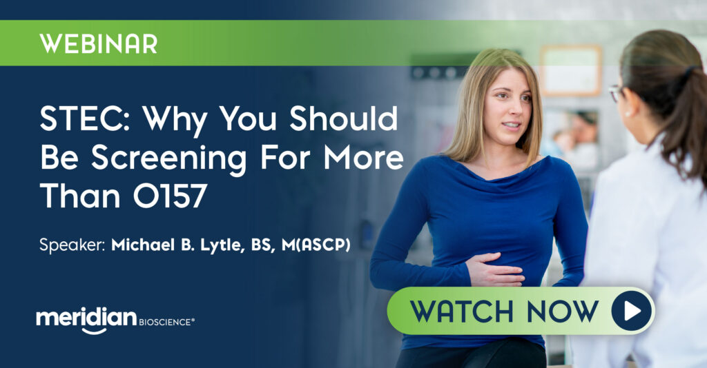 Webinar banner featuring a woman talking to another person, with the headline about STEC screening and a prominent Watch Now button; Meridian Bioscience logo visible.