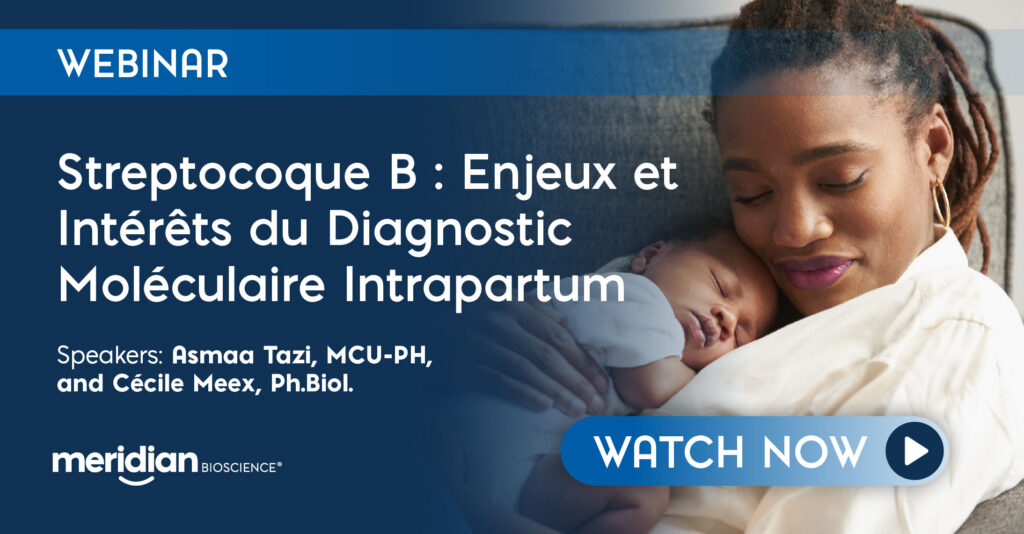Webinar banner with a woman holding a sleeping baby on the right and a dark blue panel with the French title about Streptococcus B and intrapartum molecular diagnosis; 'WATCH NOW' CTA visible.