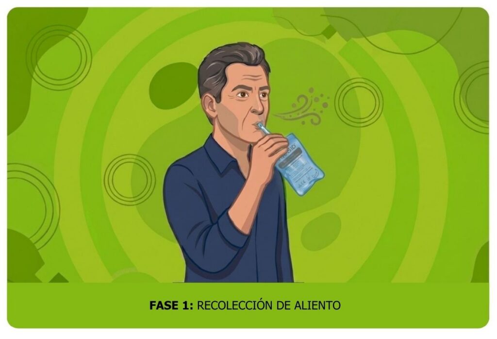 Ilustración de un hombre usando un dispositivo azul para la recolección de aliento, fondo verde con texto 'FASE 1: RECOLECCIÓN DE ALIENTO'