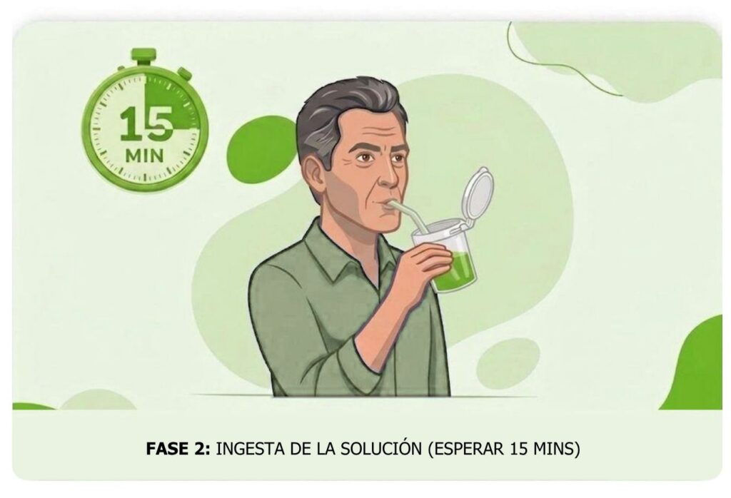 Man drinks a green beverage from a cup while a 15-minute stopwatch appears, indicating Phase 2: ingest solution and wait 15 minutes.