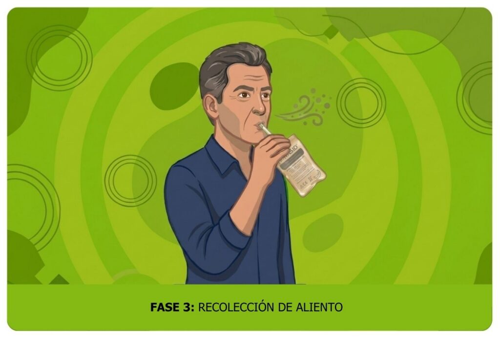Ilustración de un hombre con camisa azul bebiendo de un envase con pajilla; fase 3: Recolección de aliento.