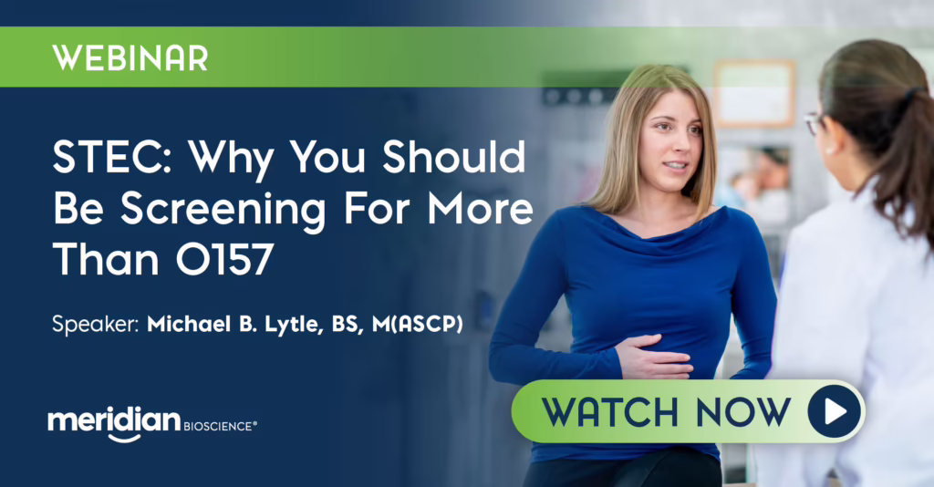 Webinar banner featuring a woman talking to another person, with the headline about STEC screening and a prominent Watch Now button; Meridian Bioscience logo visible.