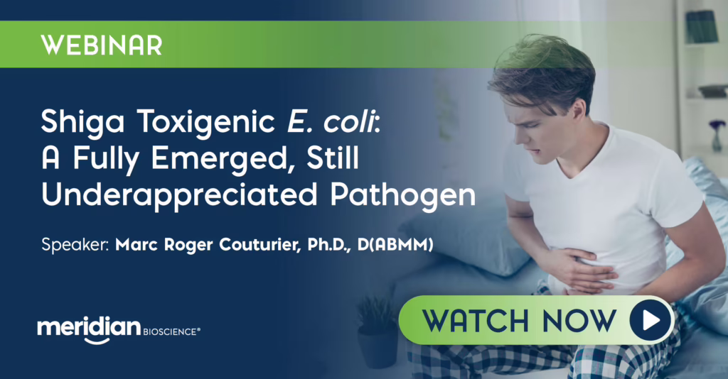 Webinar banner promoting Shiga Toxigenic E. coli talk, with speaker name and a Watch Now CTA.