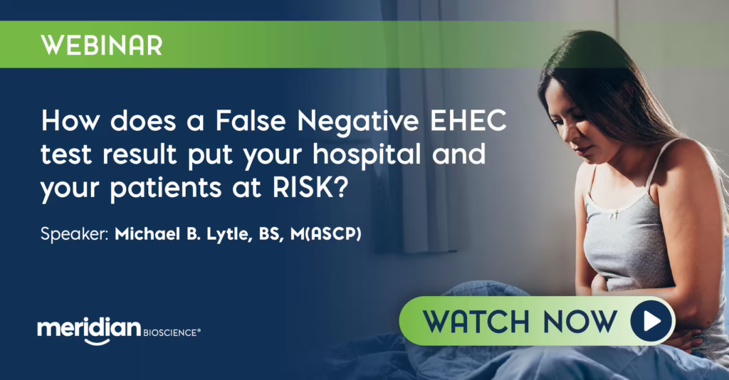 Webinar banner: 'How does a False Negative EHEC test result...' with speaker Michael B. Lytle; includes Watch Now CTA.