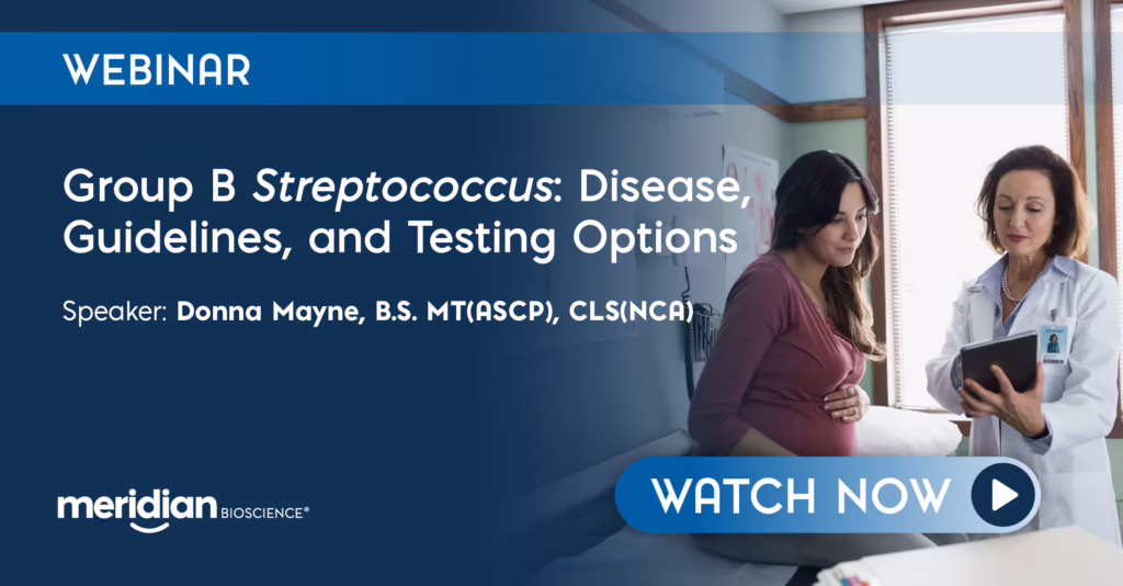 Webinar banner: Group B Streptococcus guidelines and testing options, with a pregnant patient consulting a doctor in a clinic.